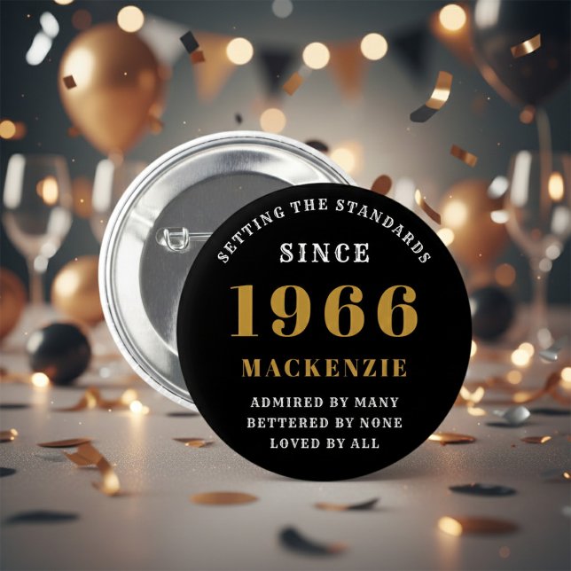 60th Birthday 1966 Elegant Chic Black Gold 2 Inch Round Button (Born 1966 button badge. Background out of focus.)