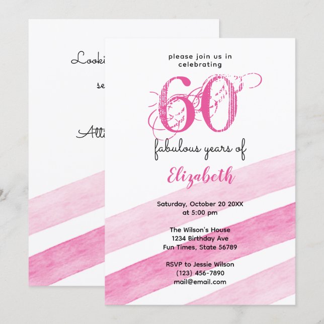60th Birthday 60 fabulous years PINK Invitation (Front/Back)