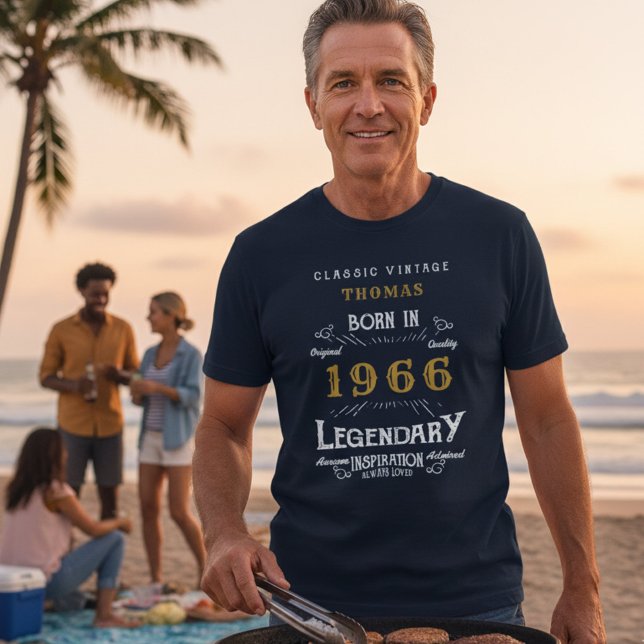60th Birthday Add Your Name Born 1966 Legendary T-Shirt (1966 T-shirt worn by a man at a BBQ.)