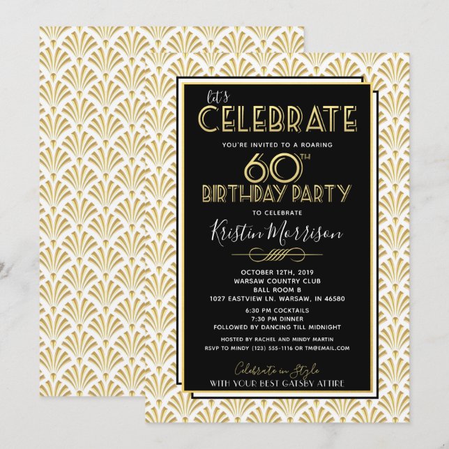 60th Birthday Art Deco Gatsby Roaring 20s Birthday Invitation (Front/Back)