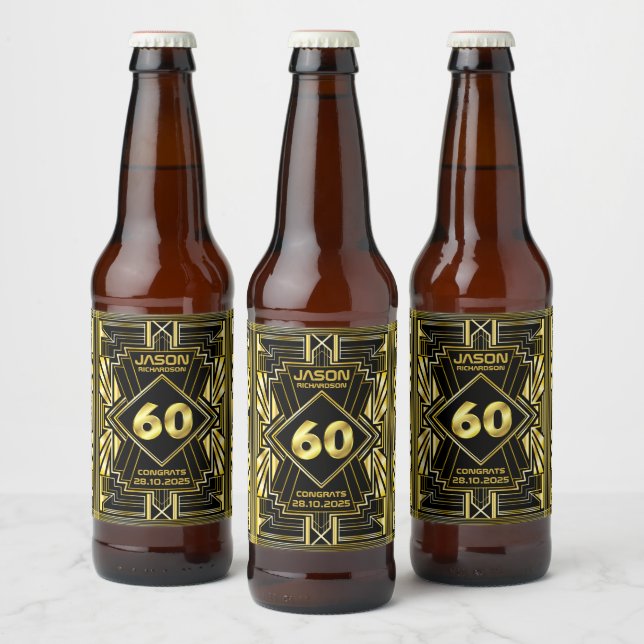 60th Birthday Art Deco Gold Black Great Gatsby Beer Bottle Label (Bottles)