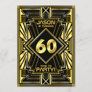 60th Birthday Art Deco Gold Black Great Gatsby Invitation