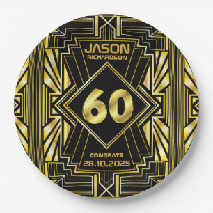 60th Birthday Art Deco Gold Black Great Gatsby Paper Plate