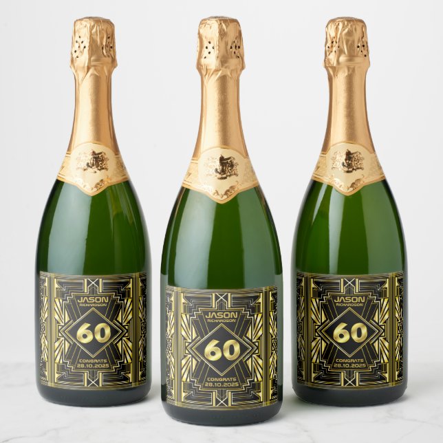 60th Birthday Art Deco Gold Black Great Gatsby Sparkling Wine Label (Bottles)