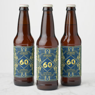 60th Birthday Art Deco Gold Blue Great Gatsby Beer Bottle Label