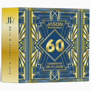 60th Birthday Art Deco Gold Blue Great Gatsby Binder