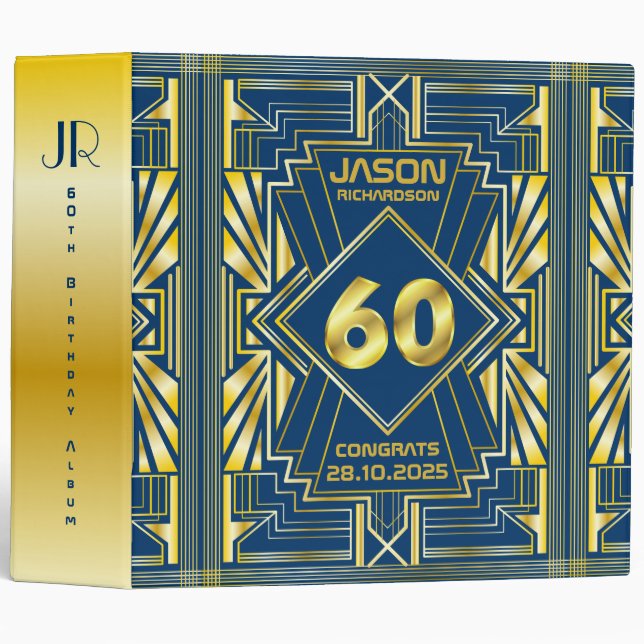 60th Birthday Art Deco Gold Blue Great Gatsby Binder (Front/Spine)
