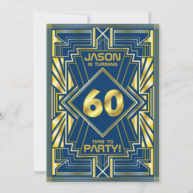60th Birthday Art Deco Gold Blue Great Gatsby Invitation (Front)