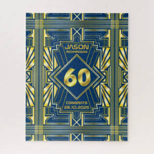 60th Birthday Art Deco Gold Blue Great Gatsby Jigsaw Puzzle