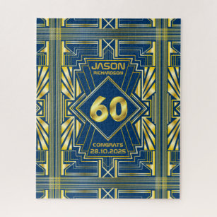 60th Birthday Art Deco Gold Blue Great Gatsby Jigsaw Puzzle