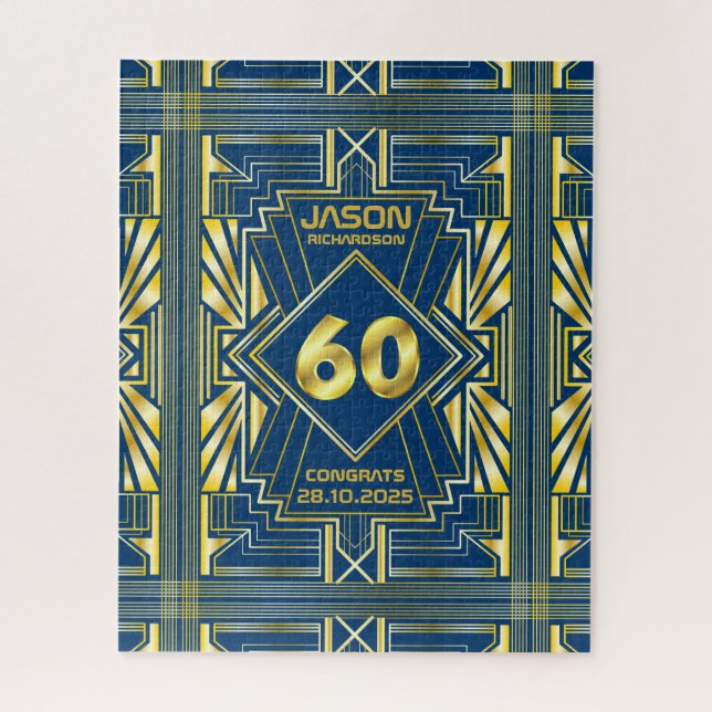 60th Birthday Art Deco Gold Blue Great Gatsby Jigsaw Puzzle (Vertical)