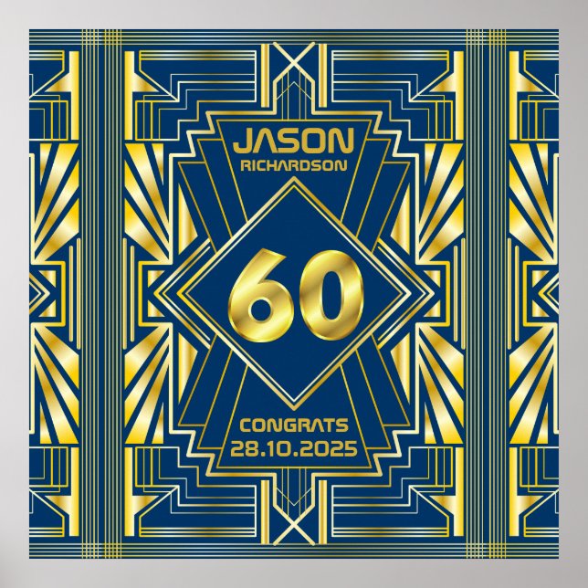 60th Birthday Art Deco Gold Blue Great Gatsby Poster (Front)