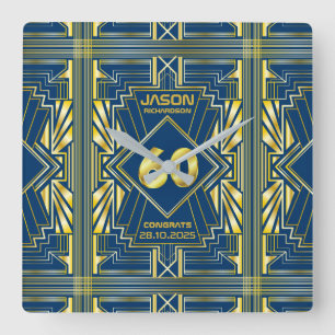 60th Birthday Art Deco Gold Blue Great Gatsby Square Wall Clock