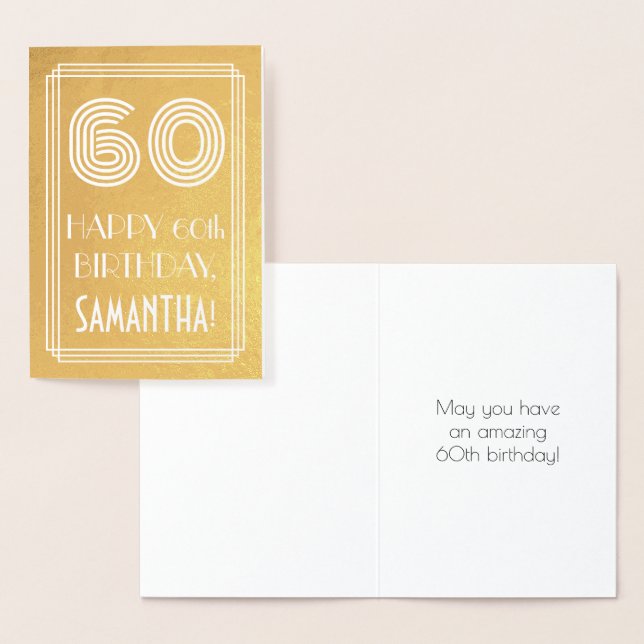 60th Birthday – Art Deco Inspired Look "60" + Name Foil Card (Display)