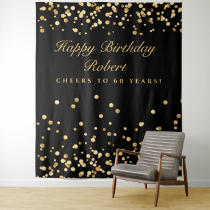 60Th Birthday Backdrop, Black And Gold Photobooth Tapestry