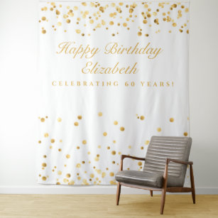60Th Birthday Backdrop, White And Gold Photobooth Tapestry