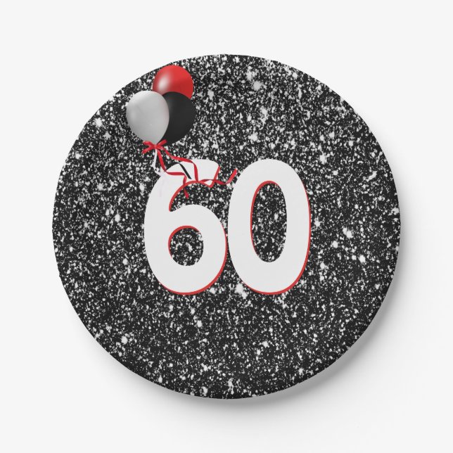 60th Birthday Balloons on Black Glitter Paper Plate (Front)