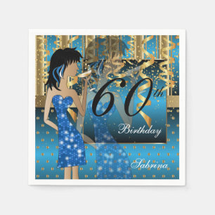 60th Birthday Bash Girl Party in Blue and Gold Napkin