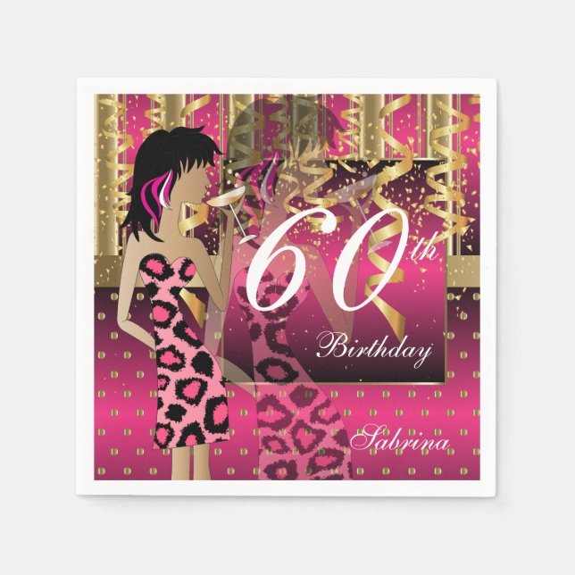 60th Birthday Bash Girl Party in Pink and Gold Napkin (Front)