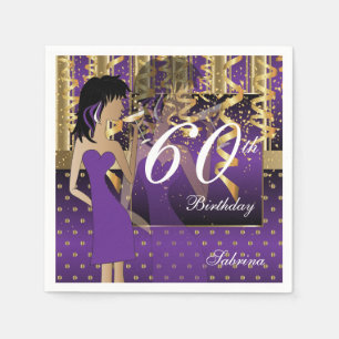 60th Birthday Bash Girl Party in Purple and Gold Napkin