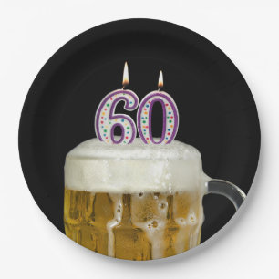60th Birthday Beer on black Paper Plate