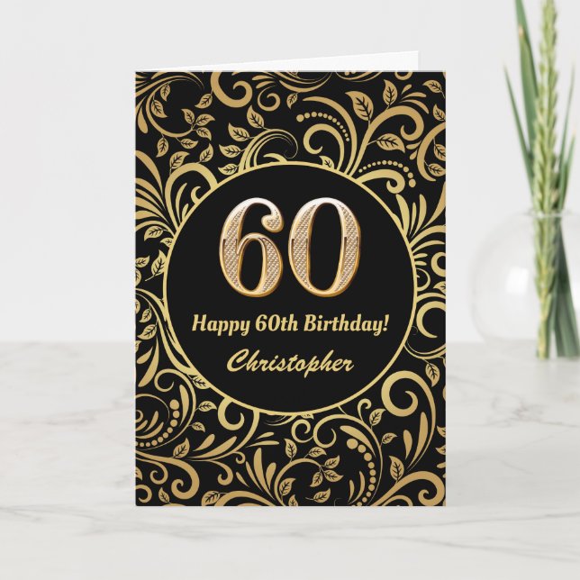 60th Birthday Black and Gold Floral Pattern Card (Front)