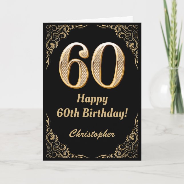 60th Birthday Black and Gold Glitter Frame Card (Front)