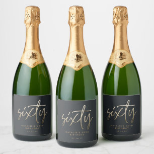 60th Birthday Black and gold script modern minimal Sparkling Wine Label