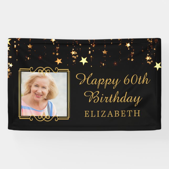 60th Birthday Black and Gold Stars Personalized Banner (Horizontal)