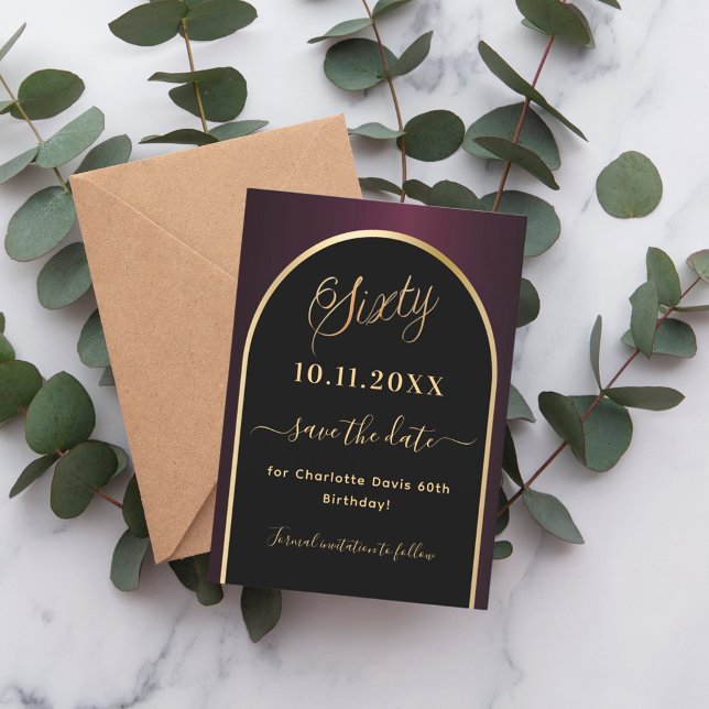 60th birthday black burgundy gold arch save the date (Creator Uploaded)