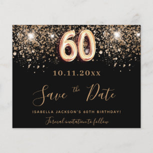 60th birthday black glitter budget save the date flyer