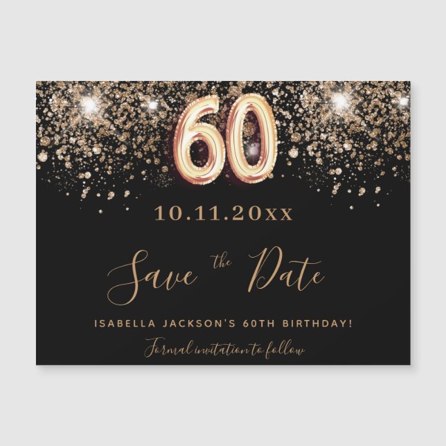 60th birthday black glitter save the date magnet (Front)