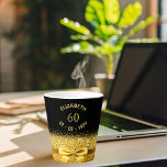 60th birthday black gold bow latte mug<br><div class="desc">Elegant,  classic,  glamourous and feminine.  A faux gold coloured bow and ribbon.  Black background. Templates for her name,  age 60 and date of birth.  Curved text and golden letters</div>