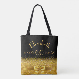60th birthday black gold bow name tote bag