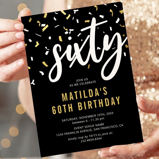 60th Birthday Black Gold Confetti Invitation (Creator Uploaded)