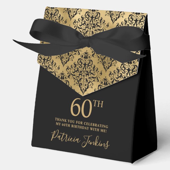 60th Birthday Black Gold Damask Thank You  Favor Box (Front)