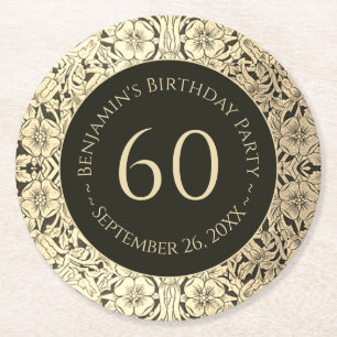 60th Birthday Black Gold Elegant Vintage Flowers Round Paper Coaster