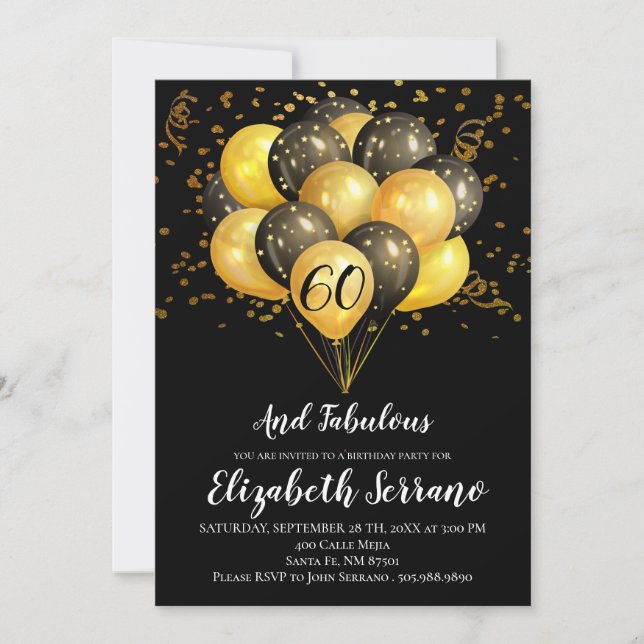 60th Birthday Black Gold Glitter Invitation (Front)