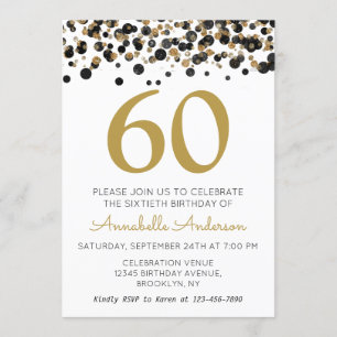 60th Birthday Black Gold Glitter Sparkle Confetti Invitation