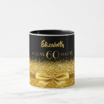 60th birthday black gold monogram luxurious mug<br><div class="desc">Elegant, classic, glamourous and feminine. A gold coloured ribbon and bow with golden glitter and sparkle, a bit of bling and everyday luxury. Black background. The Perfect gift for a 60th birthday! Templates for a name, age 60 and date of birth and the anniversary date. Golden letters. The name is...</div>