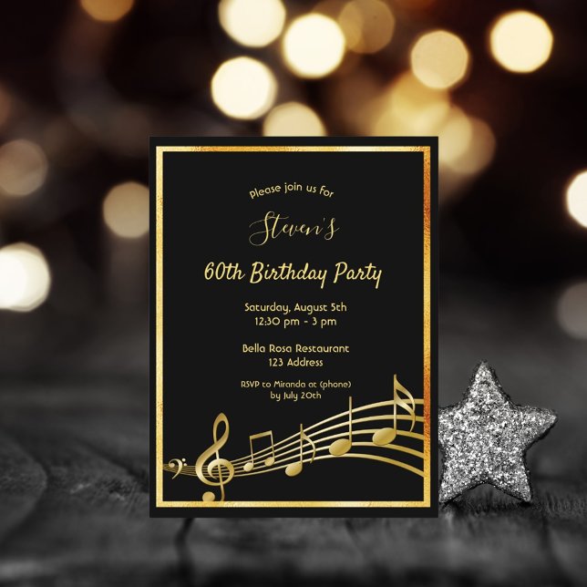 60th birthday black gold music notes invitation postcard (Creator Uploaded)