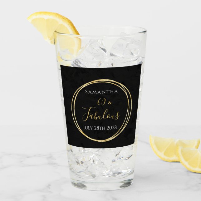 60th Birthday Black Gold Personalized Party Favour Glass (Front Ice)