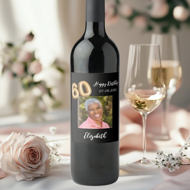 60th Birthday black gold photo Wine Label (Creator Uploaded)