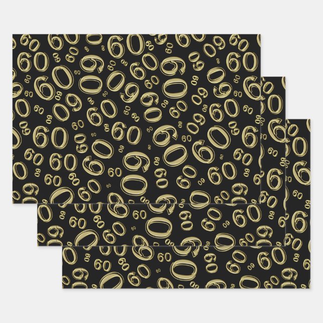 60th Birthday Black/Gold Random Number Pattern 60 Wrapping Paper Sheet (Set)
