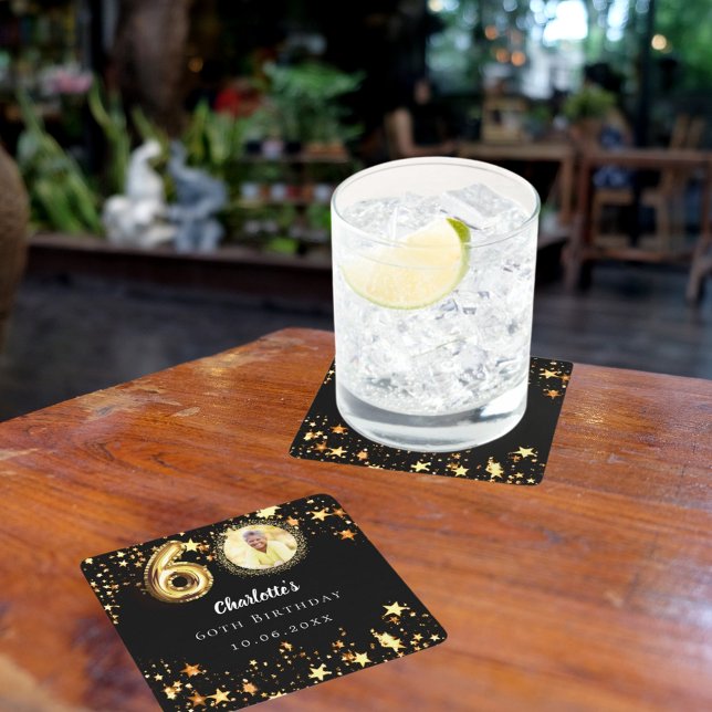 60th birthday black gold stars photo square paper coaster (Creator Uploaded)