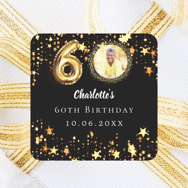 60th birthday black gold stars photo square sticker (Creator Uploaded)