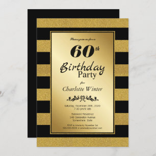 60th Birthday Black Gold Striped Party Invitation