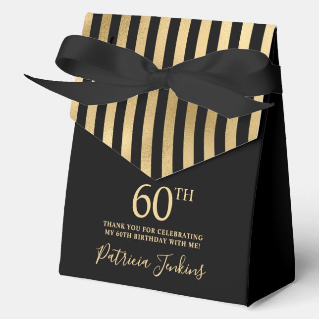 60th Birthday Black Gold Striped Thank You  Favor Box (Front)