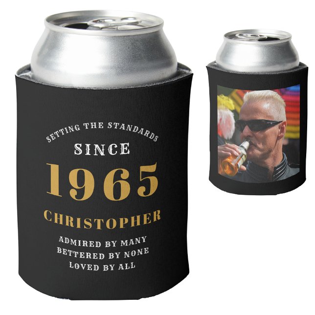 60th Birthday Black Gold With Name & Photo Can Cooler (Personalized 60th birthday born 1965 can cooler with name and photograph)