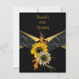60th Birthday Black Gold Yellow Sunflower Invitation